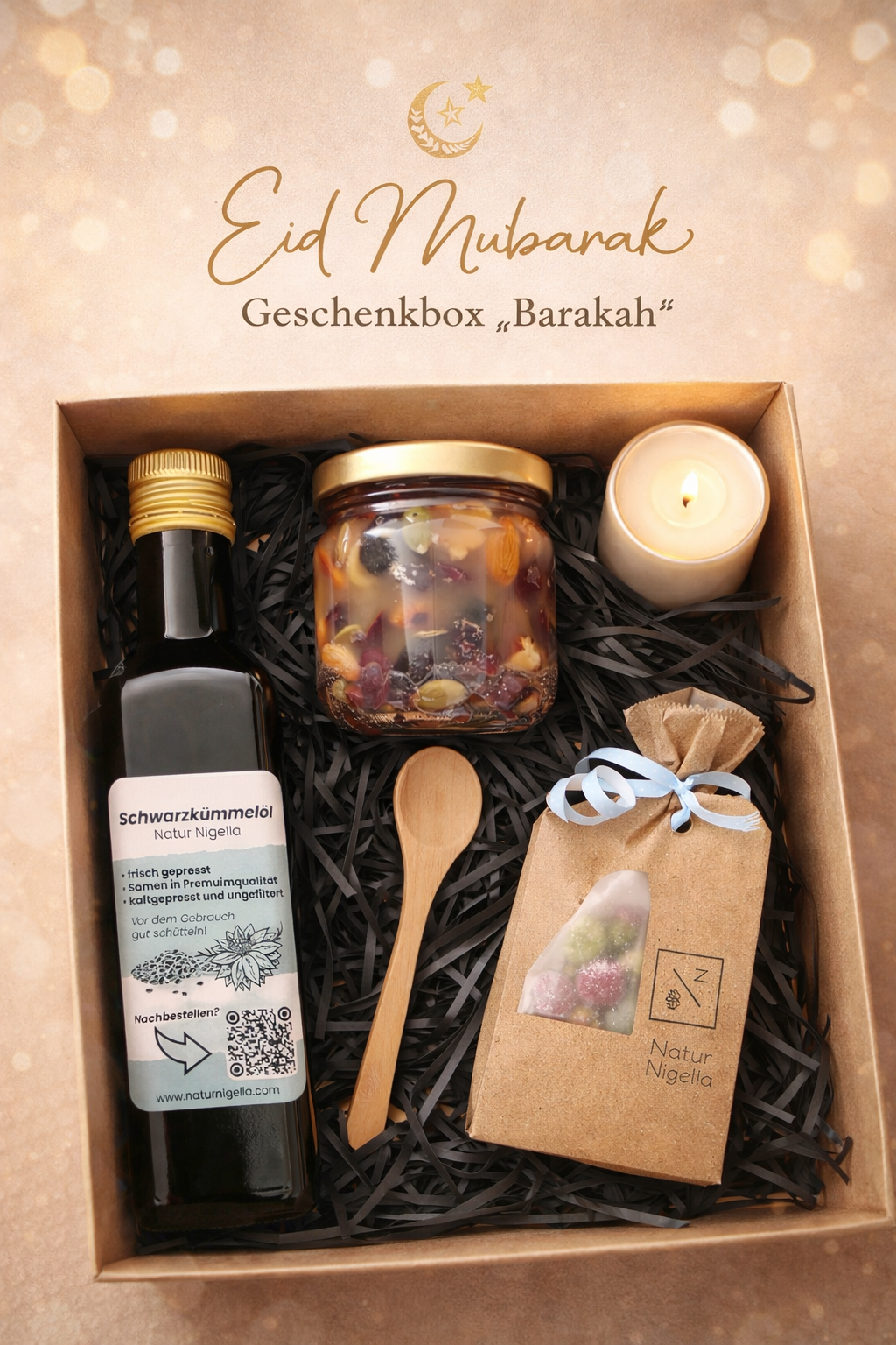 Eid Geschenkbox „Barakah Starter“ – Schwarzkümmelöl & Nuss-Frucht-Mix 🌛