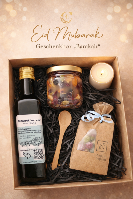 Eid Geschenkbox „Barakah Starter“ – Schwarzkümmelöl & Nuss-Frucht-Mix 🌛